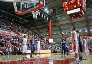 Then-senior guard Lasan Kromah releases a free throw during last year's loss at Rugters. Hatchet File Photo 