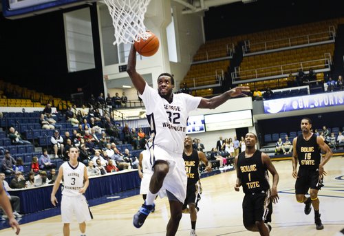 Forward Isaiah Armwood dunked against a Bowie State earlier this season. Hatchet File Photo