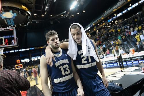 Sophomores Kevin Larsen and Patricio Garino walk offthe court after GW's loss to VCU Saturday. Samuel Klein | Photo Editor