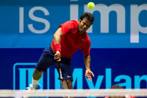 Leander Paes serves the ball in the men's doubles set. Paes and his partner Bobby Reynolds won the set, but would ultimately win in overtime to win the Eastern Conference Championships for the Kastles. Zach Montellaro | Hatchet Staff Photographer