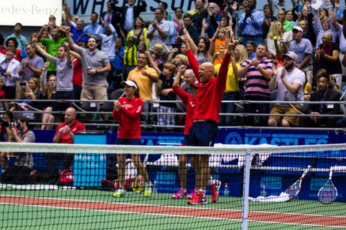 The Kastles react after winning the WTT Eastern Conference Championship. They will look to win their fourth straight National Championship on Sunday. Zach Montellaro | Hatchet Staff Photographer