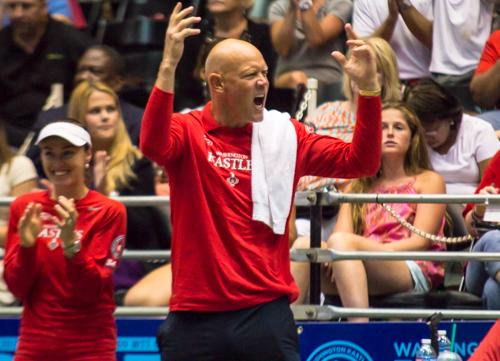 Washington Kastles Head Coach Murphy Jensen pumps up the crowd during Tuesday's match. Zach Montellaro | Hatchet Staff Photographer