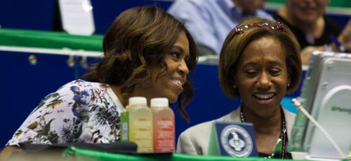 First Lady Michelle Obama visited the Smith Center Tuesday for the Washington Kastle's last regular season home match. Zach Montellaro | Hatchet Staff Photographer