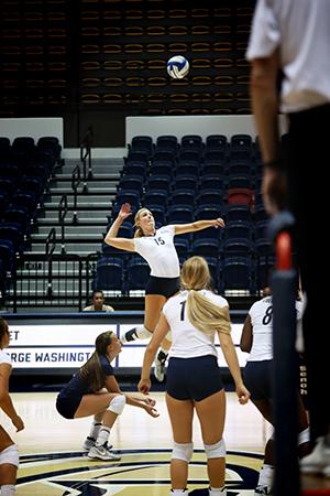 Senior outside hitter Kelsey Newman rises to hit the ball against the Metropolitan University of Puerto Rico. Newman led all players with 14 kills. Cameron Lancaster | Photo Editor