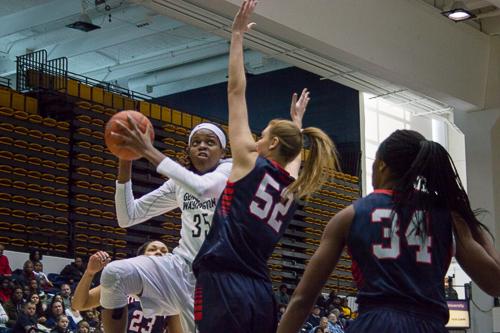 Jonquel Jones drives past a Richmond defender to attempt a shot. Jones finished with a game-high 21 points and 11 rebounds. Zach Montellaro | Hatchet Staff Photographer