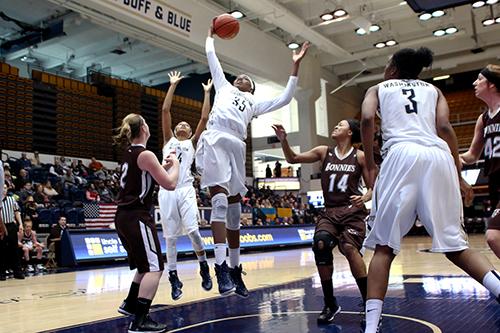 Junior Jonquel Jones jumps for a layup in the Colonials 70-48 win over St. Bonaventure Sunday. Jones posted her fifteenth double-double of the season with 17 rebounds and 13 points. Desiree Halpern | Contributing Photo Editor