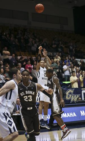 Junior Joe McDonald shot 5-6 from behind the arc against St. Bonaventure on Wednesday night, totaling 17 points as the Colonials bashed the Bonnies 69-46. Cameron Lancaster | Photo Editor