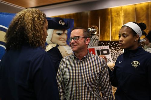 Athletic director Patrick Nero enjoys the watch party for the Women's NCAA Tournament selection show in March. Nero has said that building an active donor base for sports at GW will be critical for continued growth in athletics. Hatchet File Photo. 
