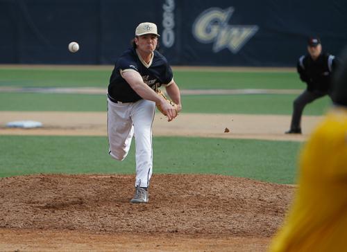 Sophomore Eddie Muhl throws a pitch in GW win over UMass earlier this season. Muhl leads the nation in saves with 14. Andrew Goodman | Hatchet Staff Photographer