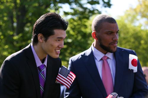 Freshman Yuta Watanabe and junior Kevin Larsen on a visit to the White House to watch the arrival ceremony for Shinzo Abe, the Prime Minister of Japan. Watanabe was invited as a sports ambassador between the U.S. and Japan. Hatchet File Photo