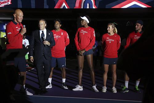 Washington Kastles coach Murphy Jensen introduces his team at the beginning of the team match against the Austin Aces. CNN news anchor Wolf Blitzer was also in attendance at the match. Desiree Halpern | Photo Editor